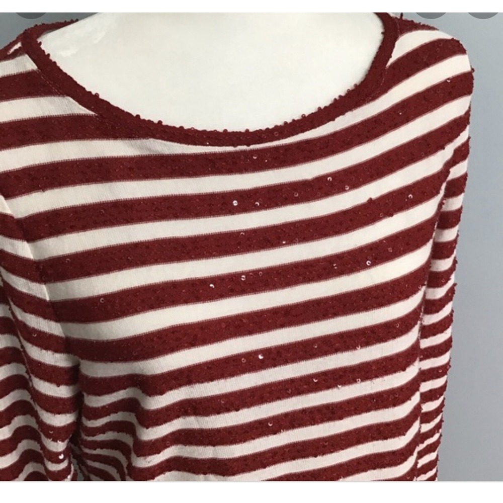 TALBOTS Red White Stripe Sequined Knit Top 3/4 Sleeve‎ Women's Petite Small - Picture 3 of 13